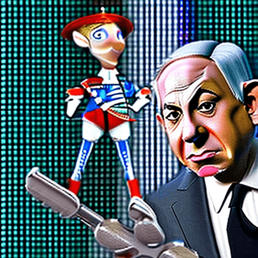 AI generated: Benjamin Netanyahu as Pinocchio Marionettes, cuddly, arrogant, powerful, high fantasy, epic, cinemat...