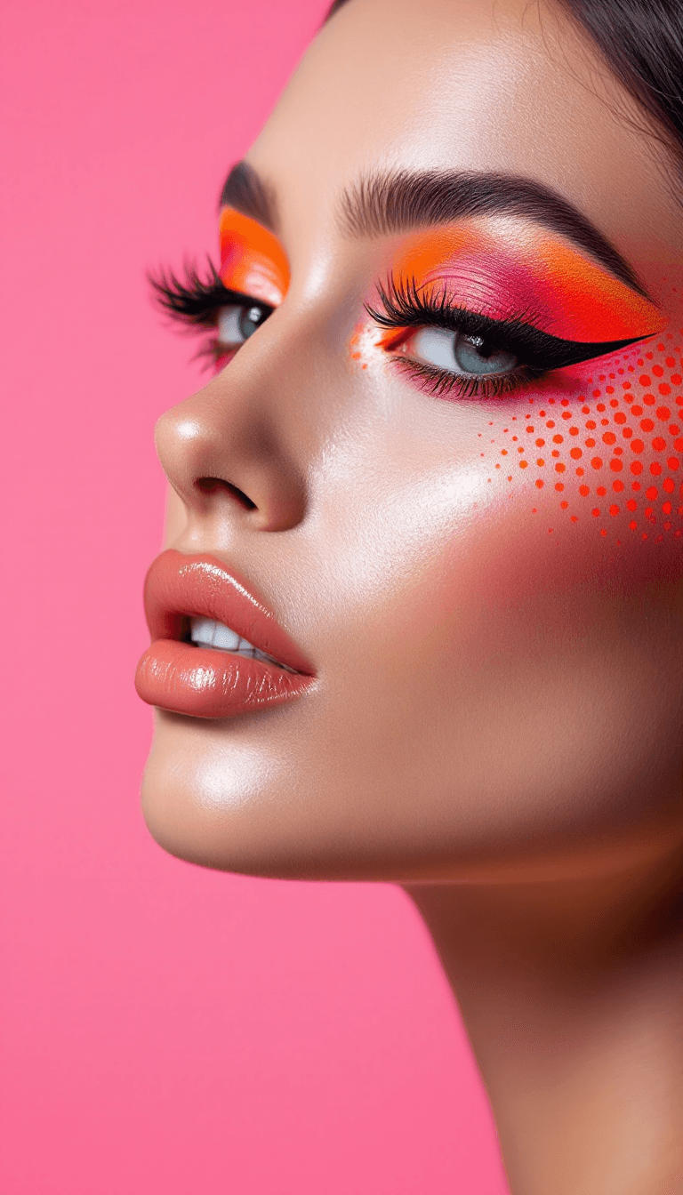 AI generated: closeup side angle photo of a model with gorgeous bright neon dotted red eye makeup and thick black ...
