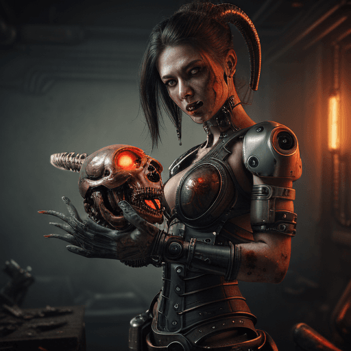 AI generated: Hyper realistic steampunk cyborg chopping the head off an alien, blood, guts, slaughter, end of the ...