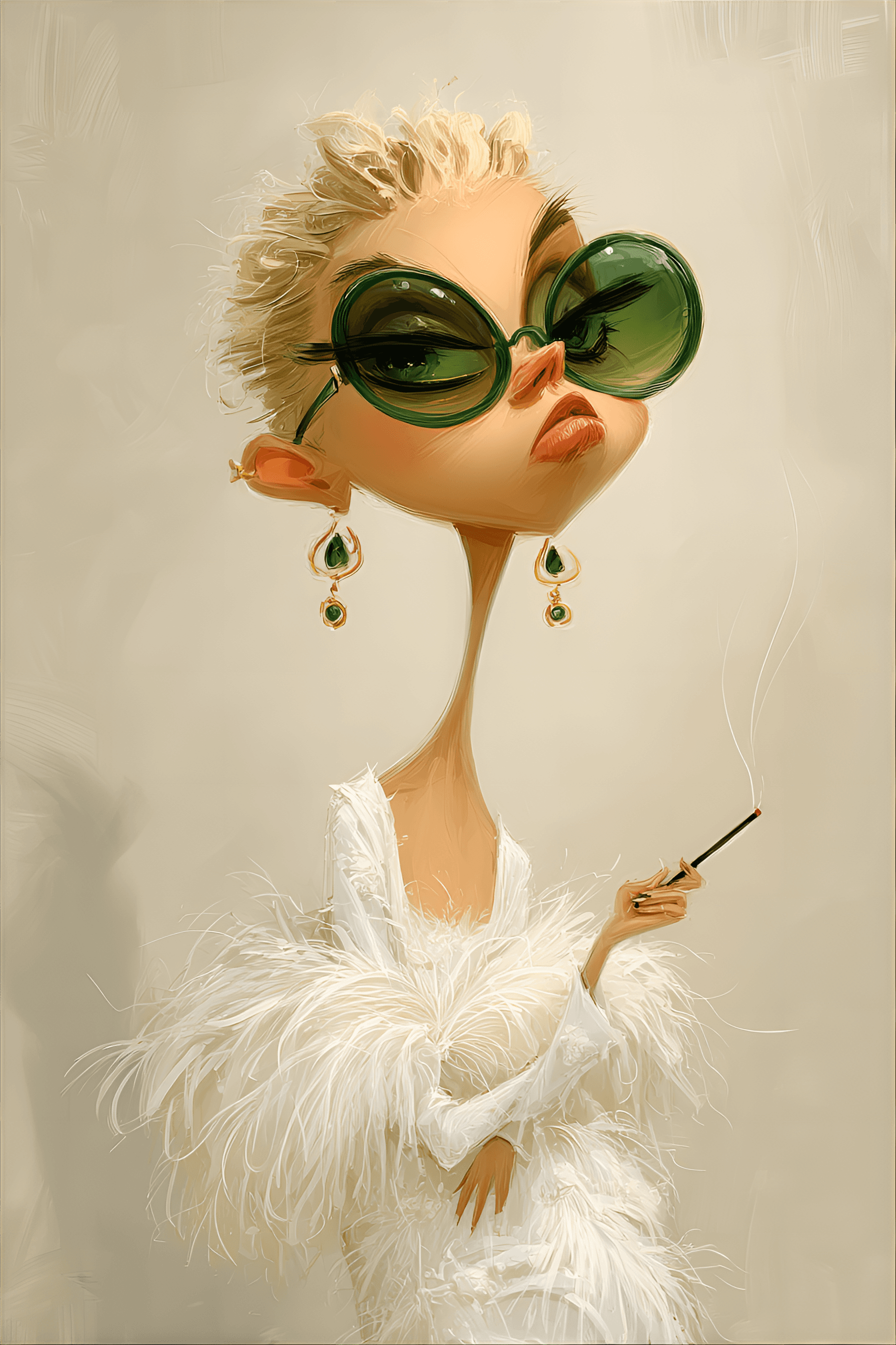 AI generated: funny caricature, eccentric fashionista character, female, unspecified ethnicity, 22 years old, pale...