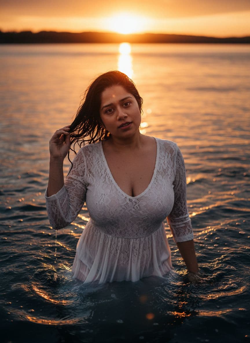 AI generated: The uploaded woman stands by a river. The setting sun, a fiery sunset, golden clouds, and golden rip...
