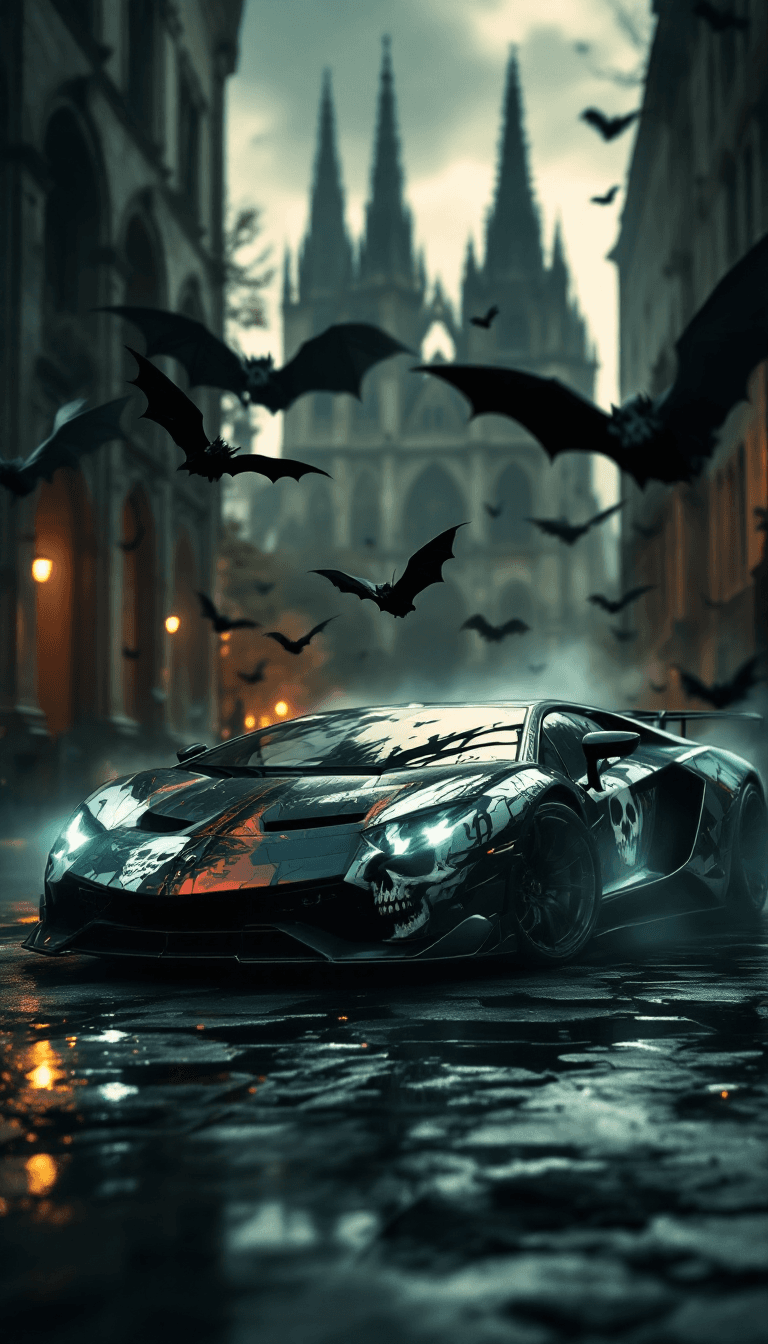 AI generated: a 64K resolution image of a hyperrealistic supercar with a skull sticker at front and a Lamborghini ...
