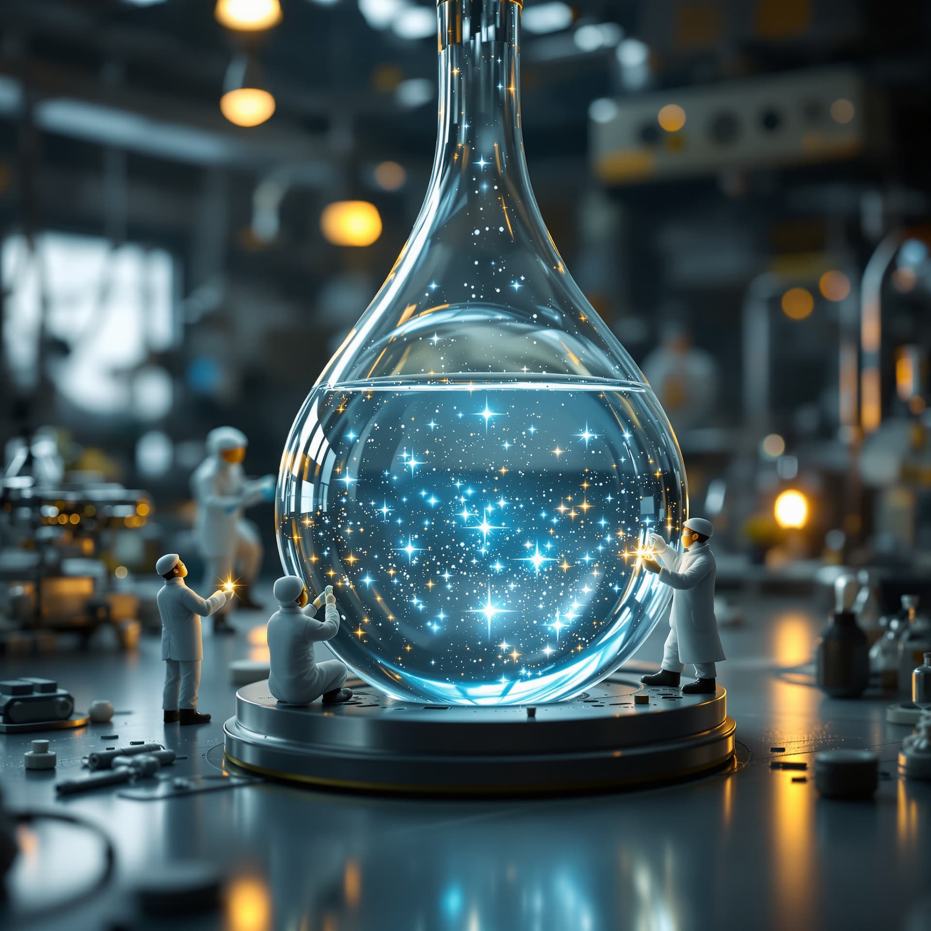 AI generated: photorealistic, miniature scientists studying, giant drop of water with stars inside, in a lab, dept...