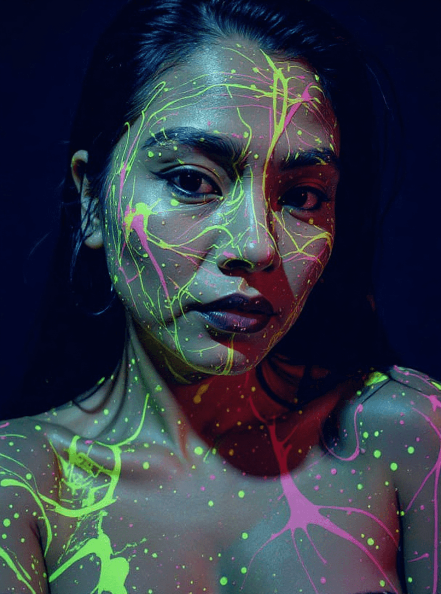 AI generated: a woman with  face and body covered in splashes of neon, fluorescent paint that glows vividly under ...