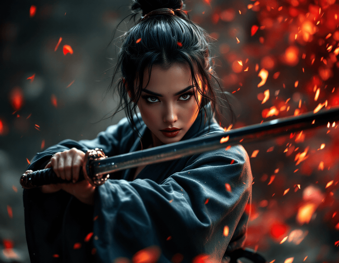 AI generated: An ultra-detailed, high contrast, elegant, gritty image of a beautiful Japanese female karate master...