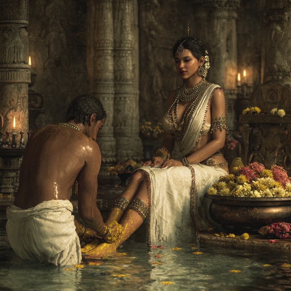 AI generated: 
A beautiful, voluptuous, curvy Indian woman sits regally in an ancient marble bathing chamber bath...