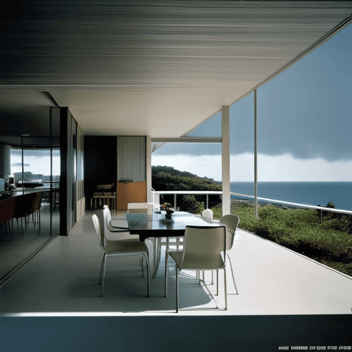 AI generated: Hyper realistic eye level exterior photo of a mid century modern style house overlooking the ocean, ...