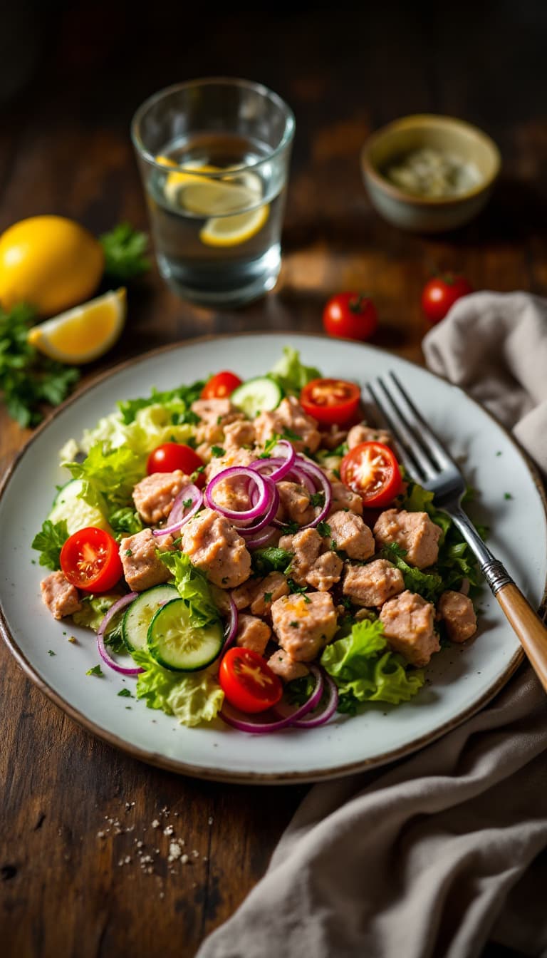 AI generated: A casually prepared tuna salad served on a rustic wooden table at night. The salad consists of fresh...