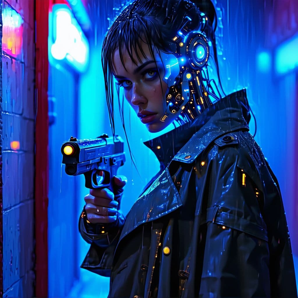 AI generated: Photorealistic cyborg woman, neon-lit Montreal alley, half face glowing blue circuits, wearing a tat...