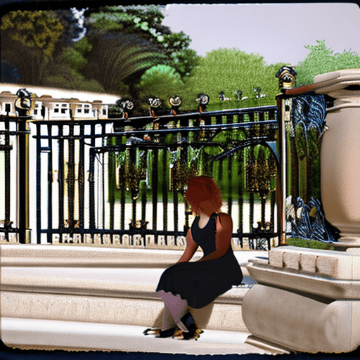 AI generated: A auburn haired woman sits gracefully on a stone balustrade with a decorative metal railing, turned ...