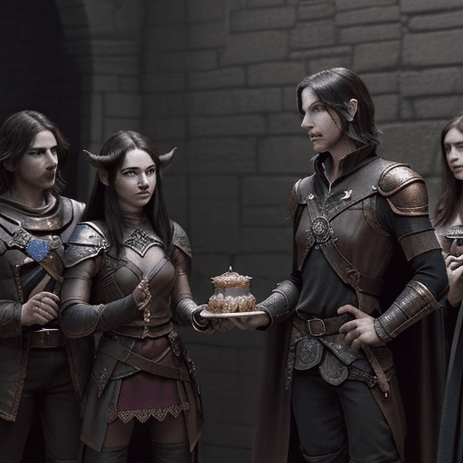 AI generated: A dungeons and dragons setting with human male bard in the center.  The bard has dark hair and eyes,...