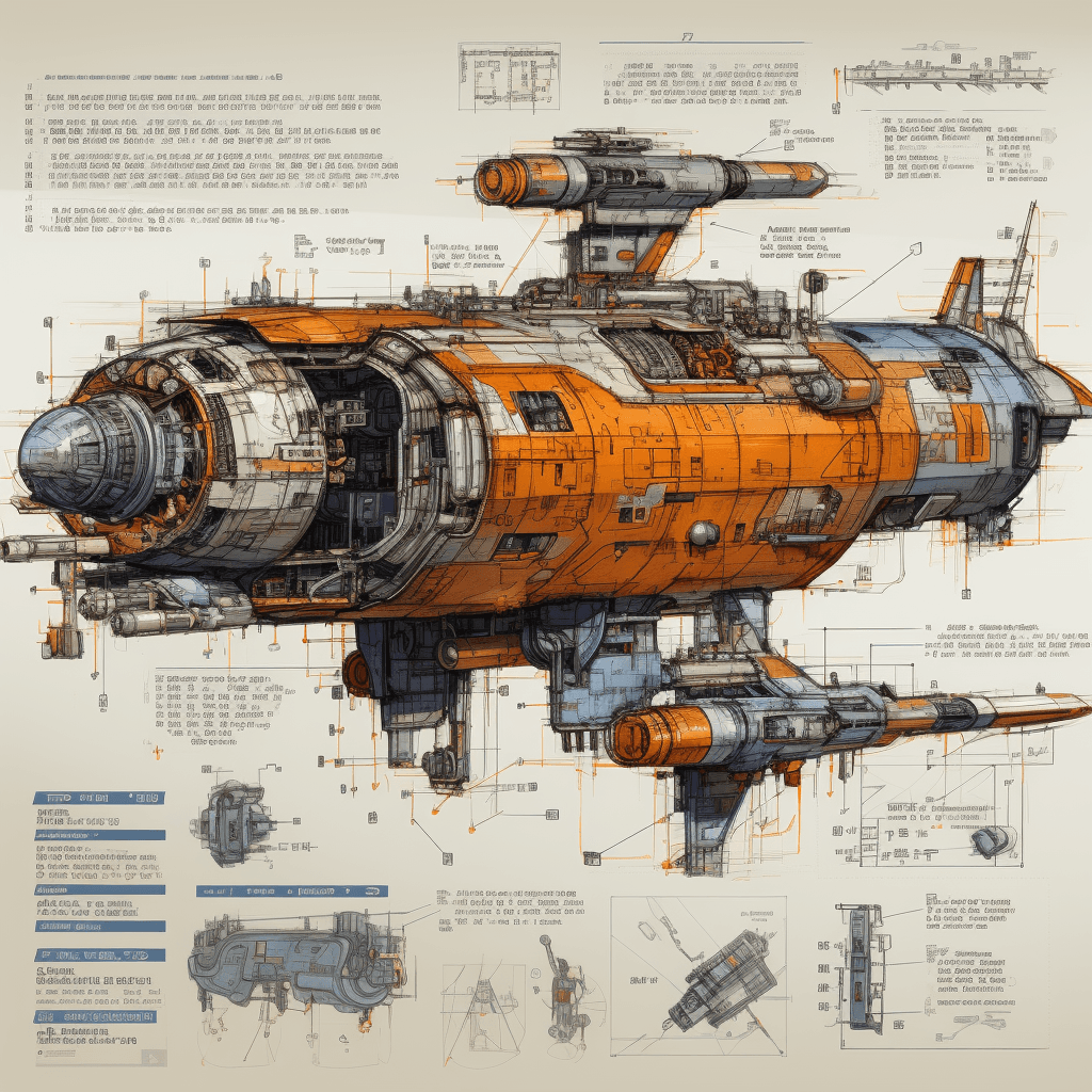 AI generated: sketches blueprint of futuristic sci-fi huge spacecraft, warp engines, formulas and annotations, sch...