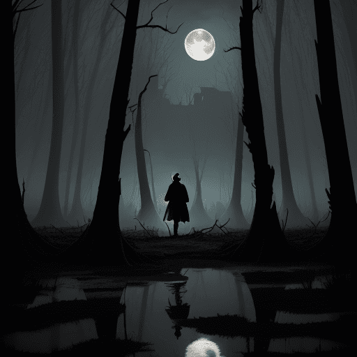 AI generated: Epic scene, a small silhouette of a man in a trench coat, holding a sword, short hair, long coat, bo...