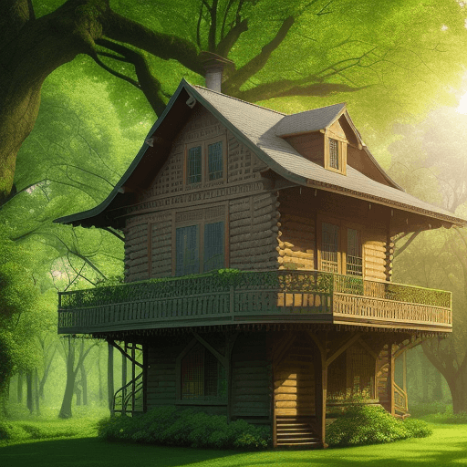 AI generated: A hyper realistic Photo of a beautiful wooden house in a big green tree the windows is panorama low-...