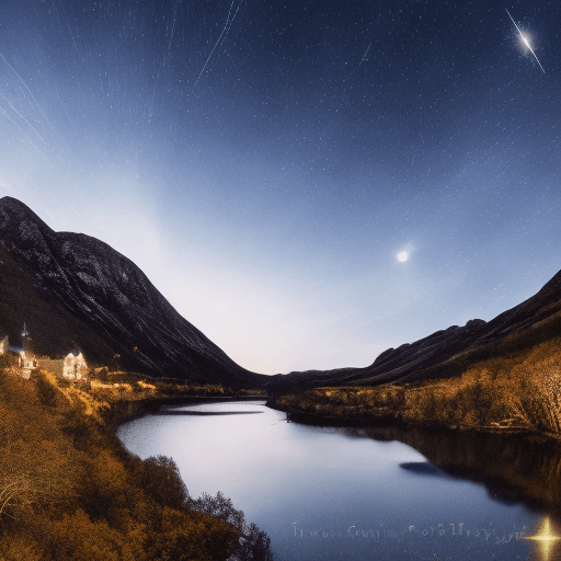 AI generated: A curved river reflecting a shimmering night sky, fluffy clouds floating like marshmallows in the sk...