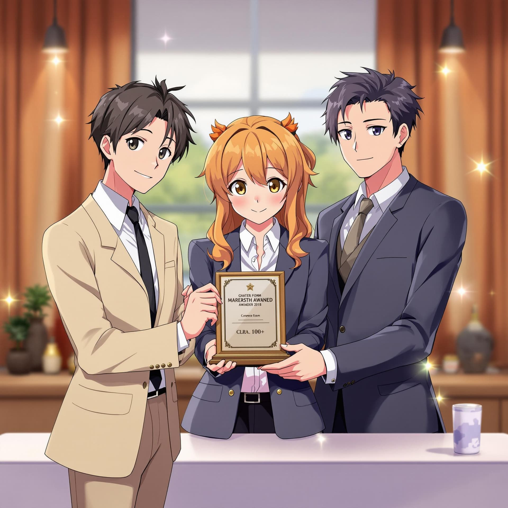 AI generated: Business team wining award for their latest product anime