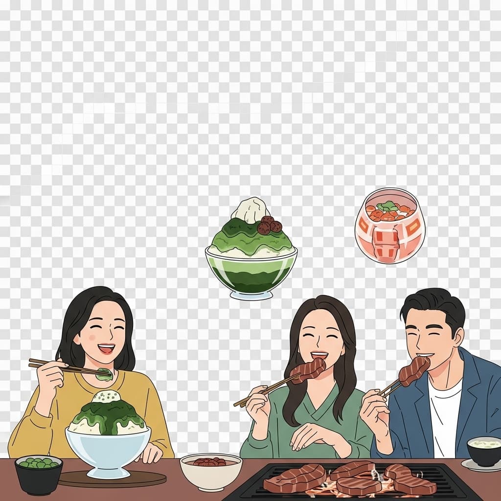 AI generated: Flat illustration of 2 Asian women and 1 Asian man , one women and one man happily eating grilled me...