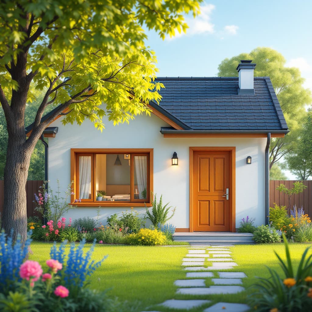 AI generated: Create an image of small house with the garden. House is clean and nicelooking, has one floor. Image...