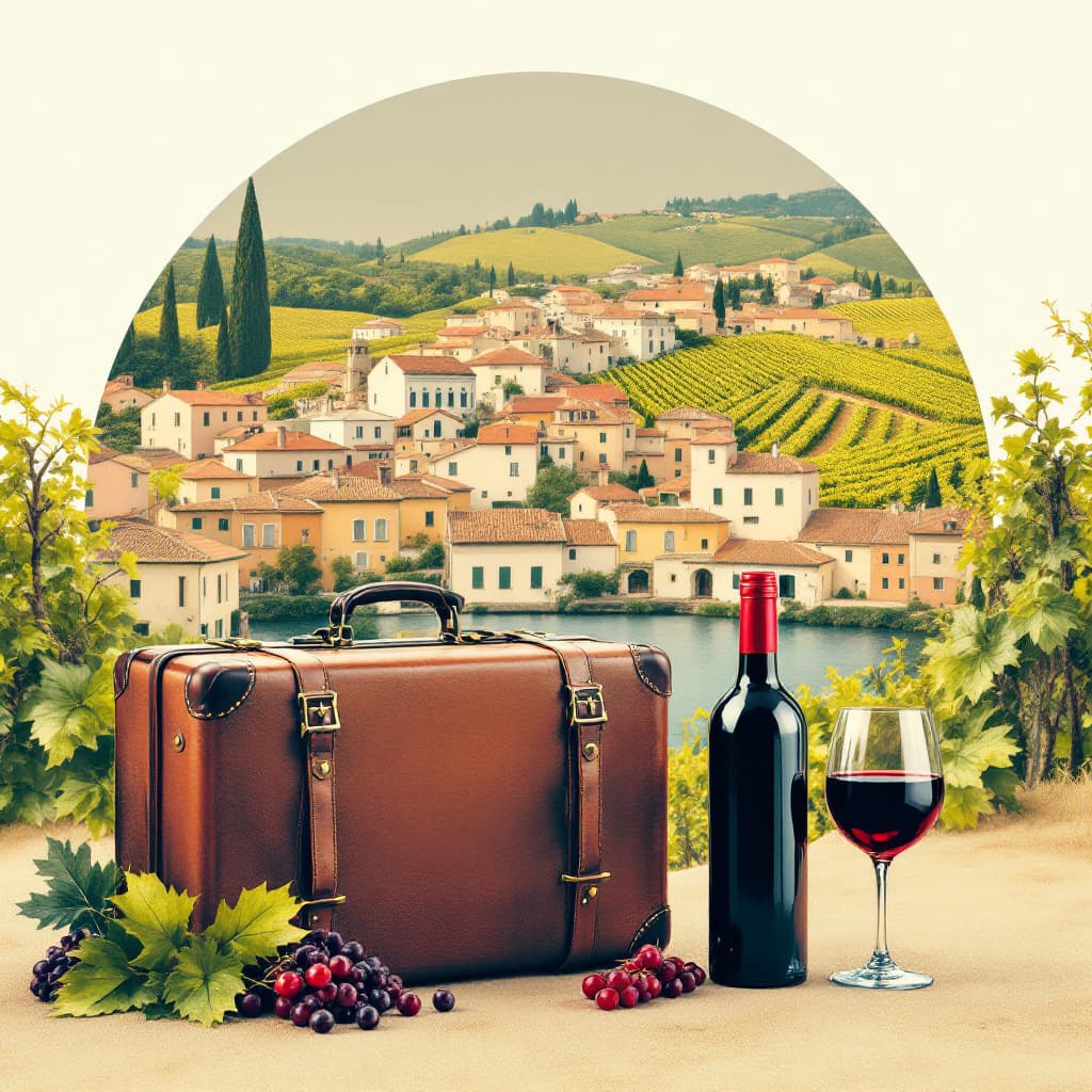 AI generated: Modern image collage of an old fashioned suitcase and a good bottle of red wine in the foreground an...