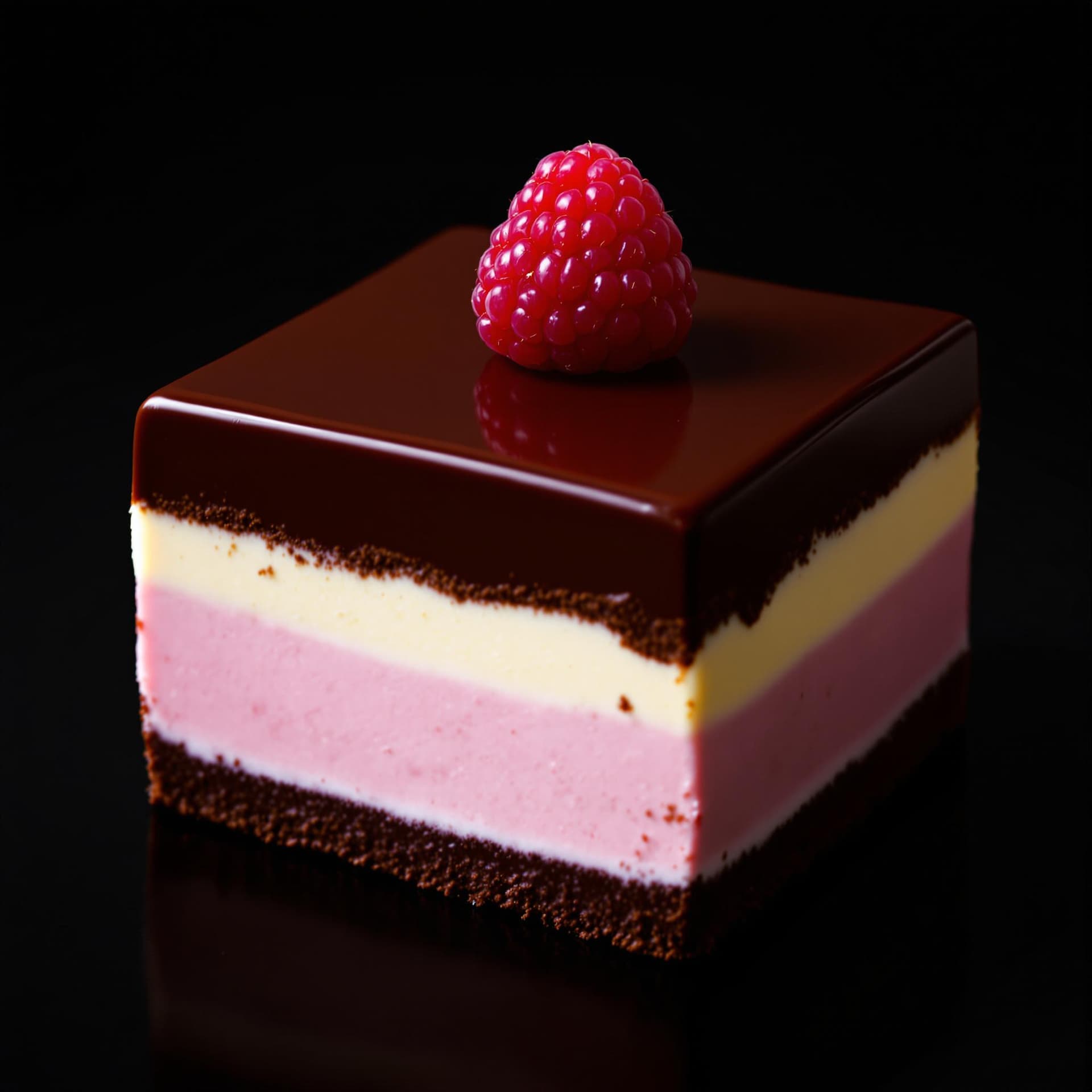 AI generated: The image features a square piece of layered dessert, prominently displayed against a dark, blurred ...