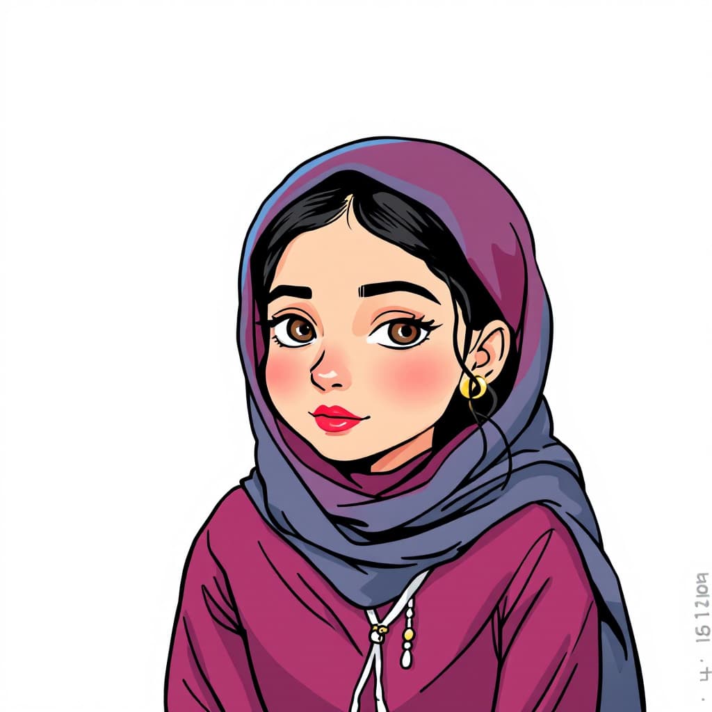 AI generated: illustration art, series of simple, colorful, Iranian woman, covered hair, a little hair are shown, ...