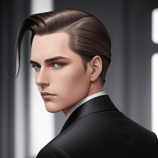 AI generated: slicked back brown hair and gray eyes wearing a black suit
