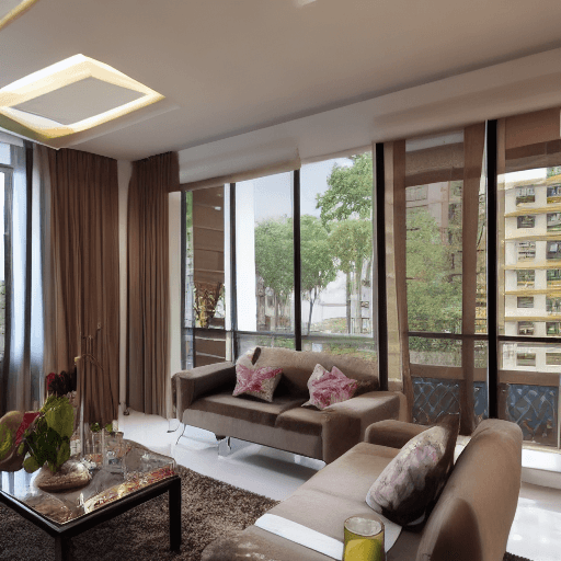 AI generated: Photo of a realistic living room of an Indian modern apartment overlooking street with one side as g...