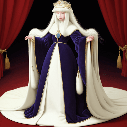 AI generated: princess in very long ermine and velvet coronation robes on ground
 