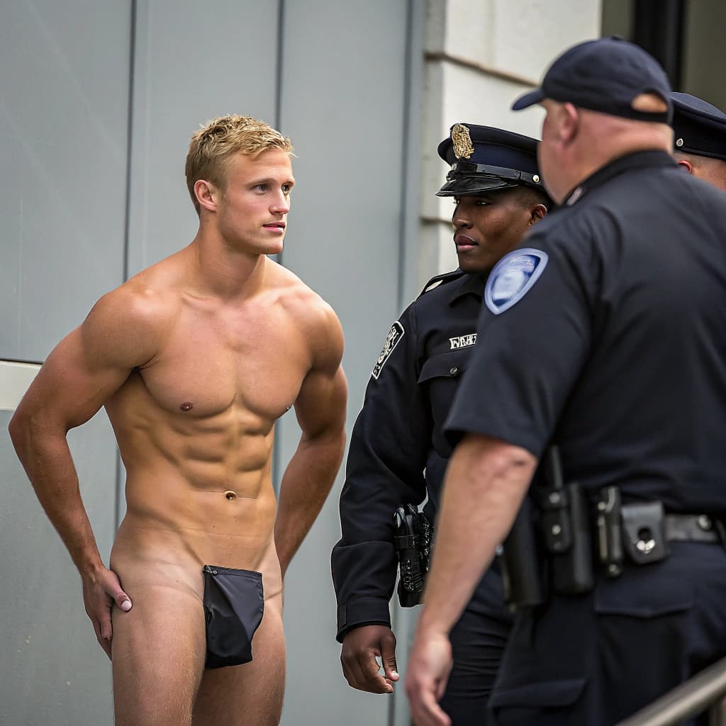 AI generated: Naked muscular Caucasian male. He should be a sportsman and around 25. Large penis. Short blonde hai...