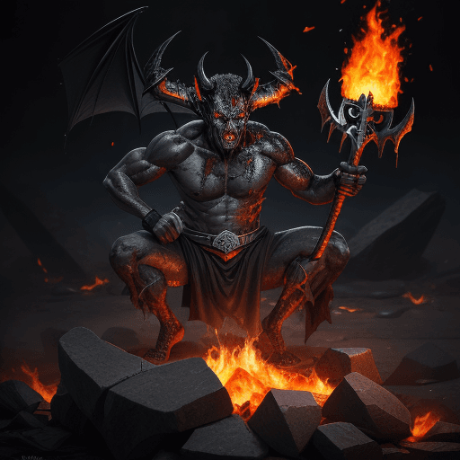 AI generated: demon, shattered face, black eyes, wedge, fire ring, 12k
