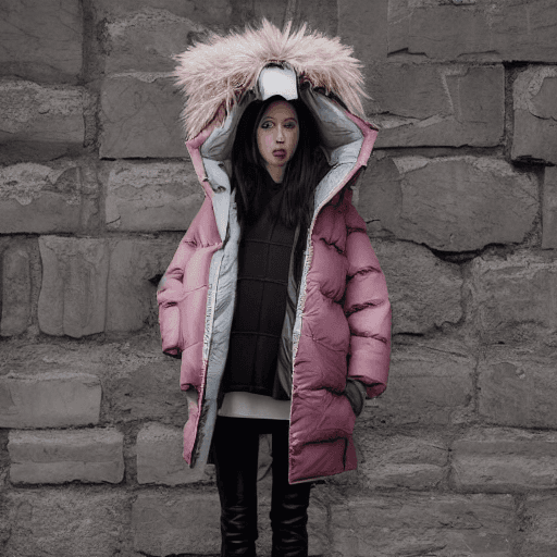 AI generated: well lit fashion shoot portrait of extremely beautiful female wearing massively over size puffer jac...