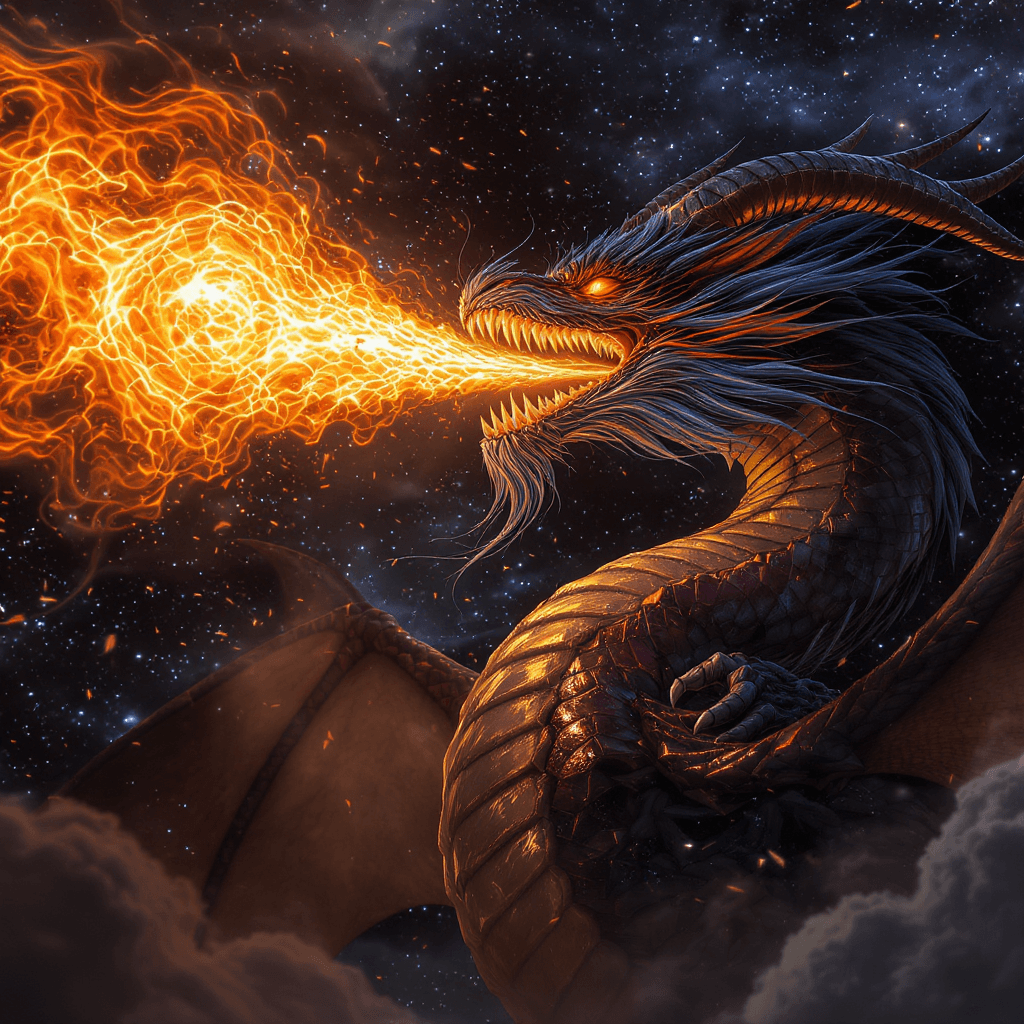 AI generated: In a realistic form, a fire and water dragon mixed with goat horns, wearing vibranium dragon scaled ...