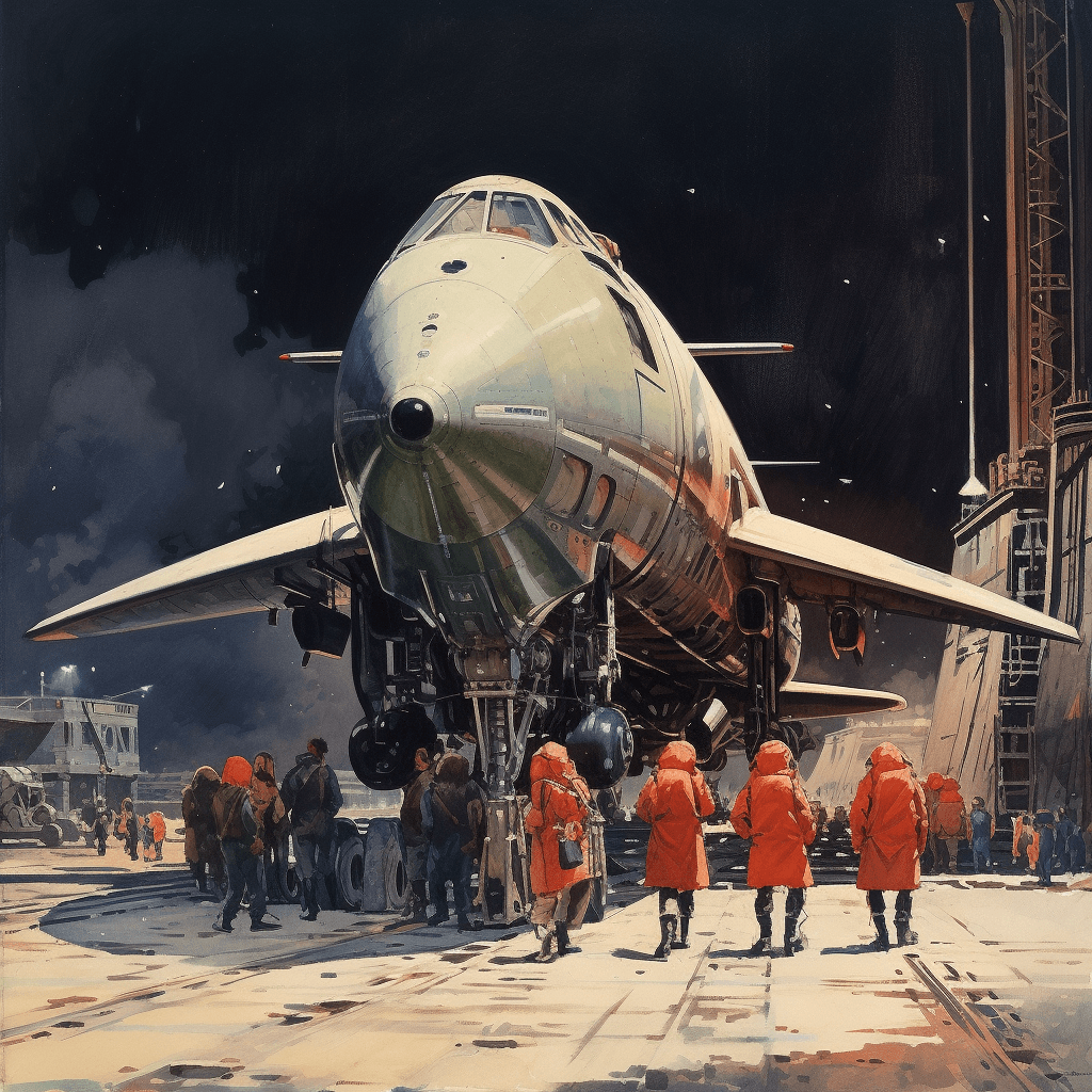 AI generated: students of the soviet academy of the distant communist future on an excursion on the tarmac to the ...