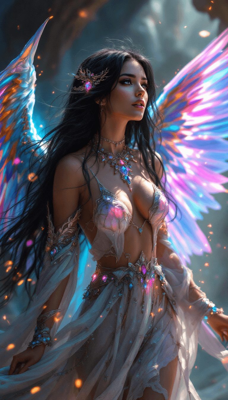 AI generated: Ultra-high resolution, Hyper-detailed fantasy artwork, A striking angel with long black hair and glo...