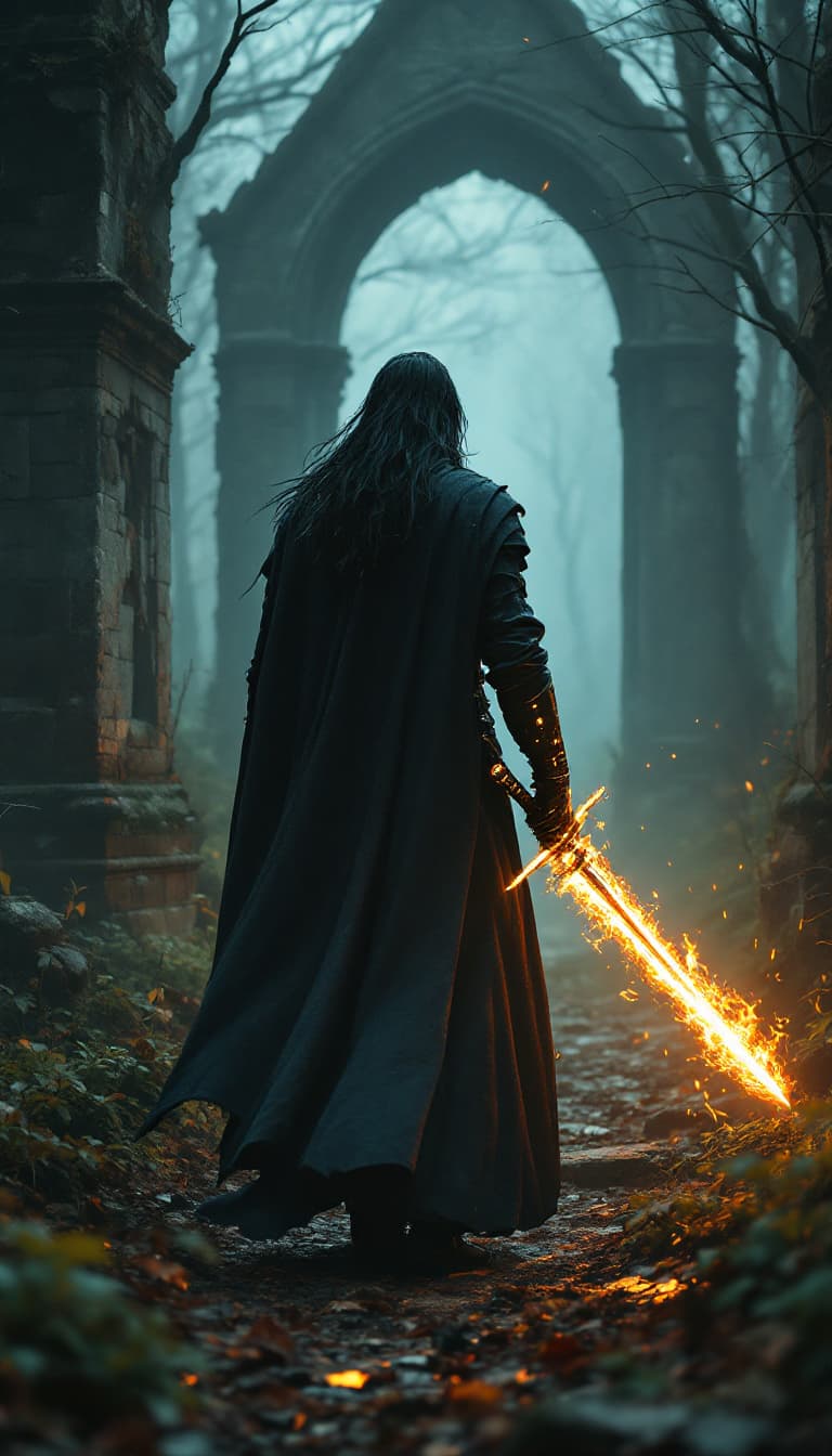 AI generated: In a breathtaking 8K wallpaper, a stunning medieval black haired rebel knight cybernetic mage with c...