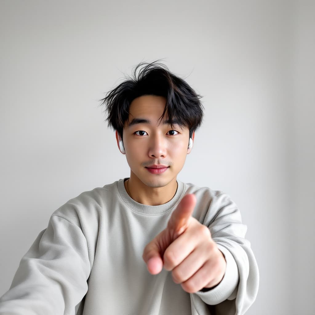 AI generated:  An Asian man with messy comma hair is standing and pointing directly at the camera. The camera’s po...