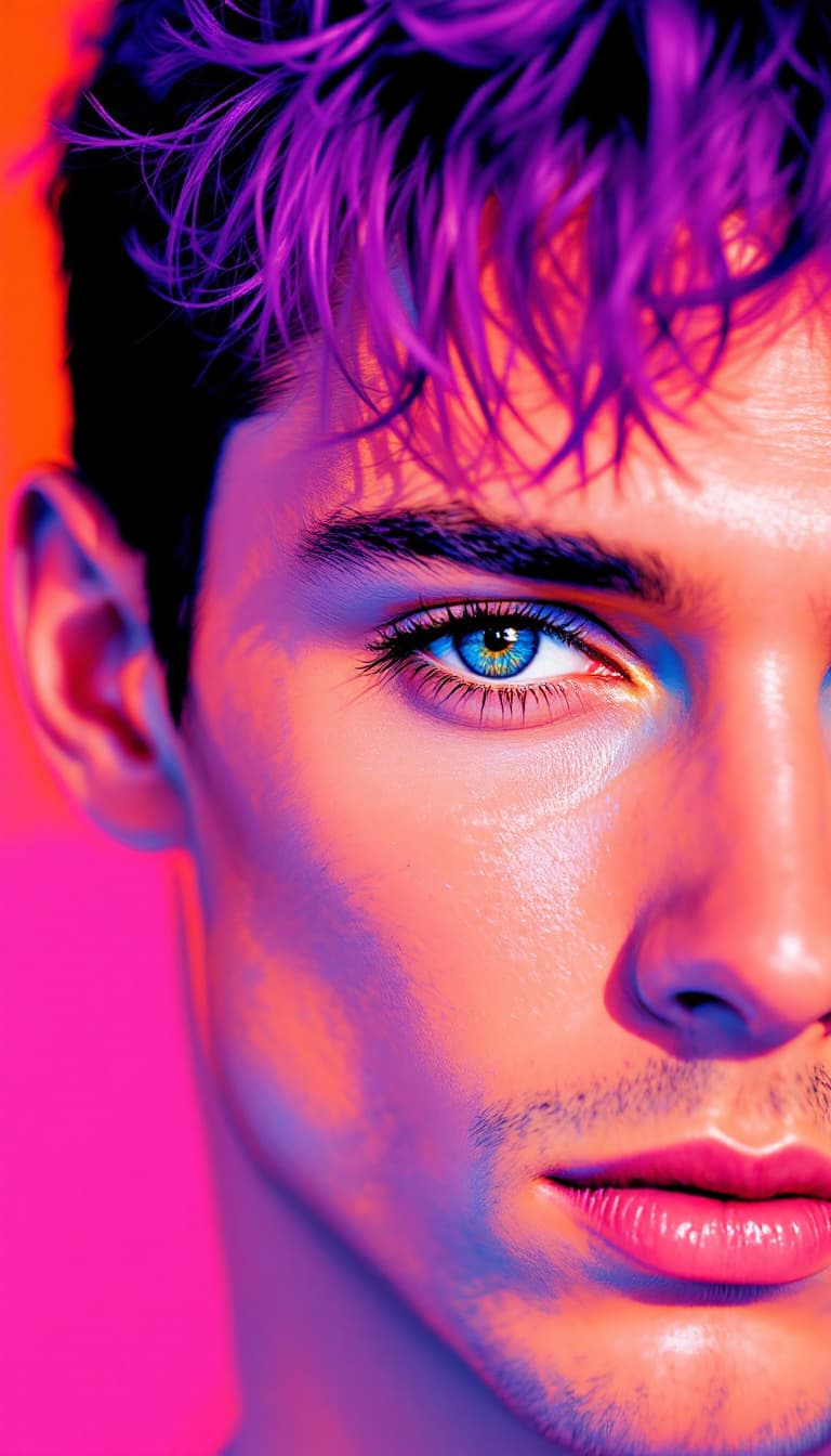 AI generated: A close-up portrait of a man with vibrant purple hair, in the style of Andy Warhol and Richard Avedo...