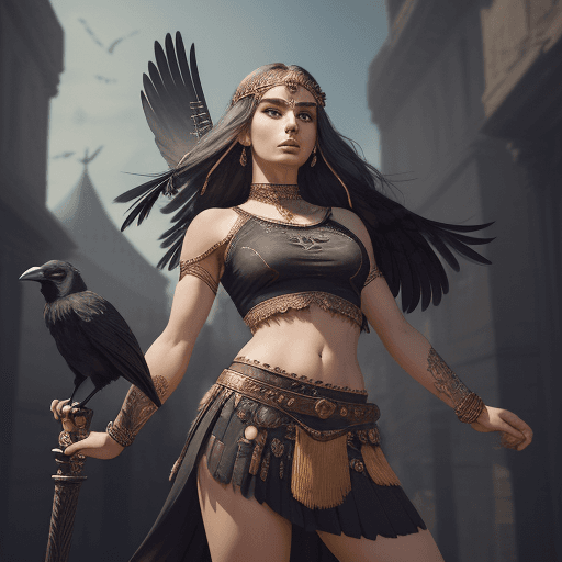 AI generated: 1woman, (godess:1.25) crop top,skirt with crow feathers , extremely detailed, looking at viewer (mas...