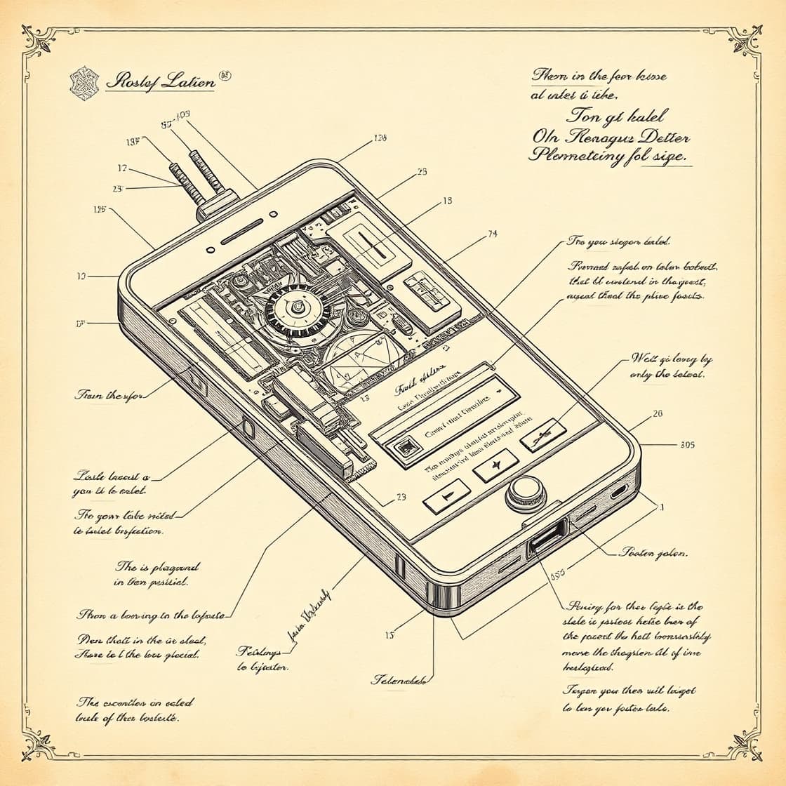 AI generated: A detailed, vintage-inspired technical drawing of a mobile phone, reminiscent of early 20th-century ...