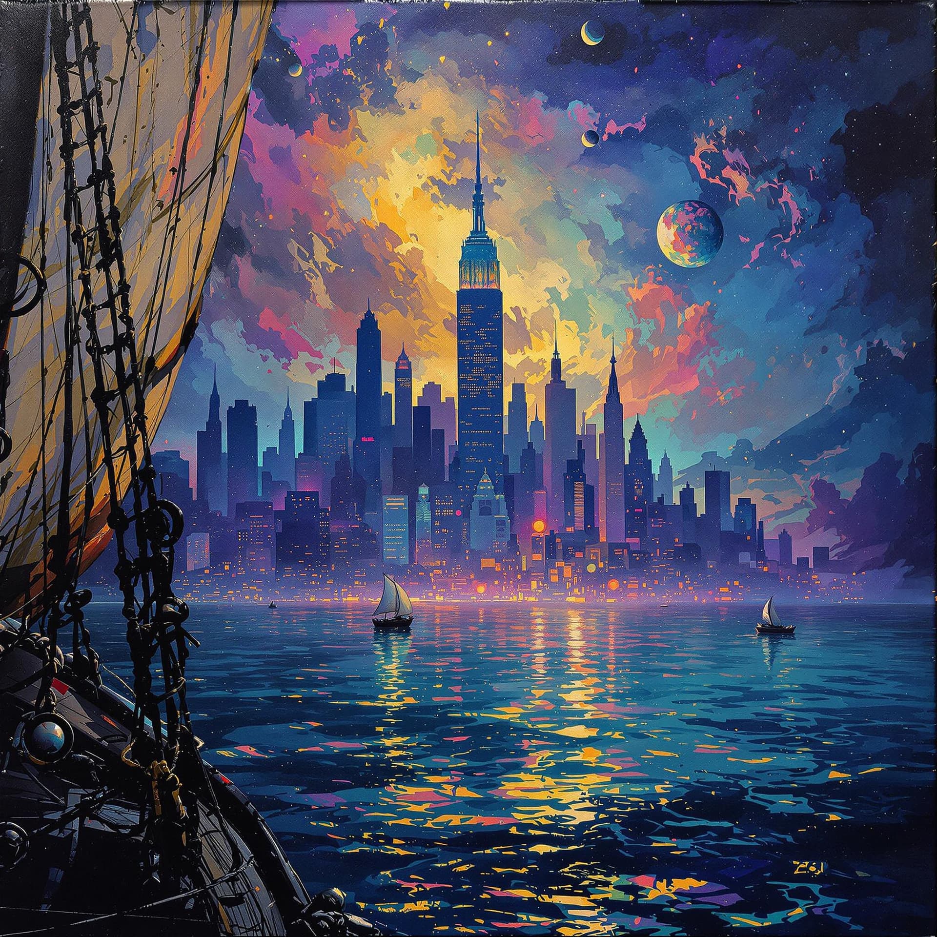 AI generated:  Psychedelic, Surreal. A painting of Manhattan  as seen from a schooner lighting, battered, low angl...