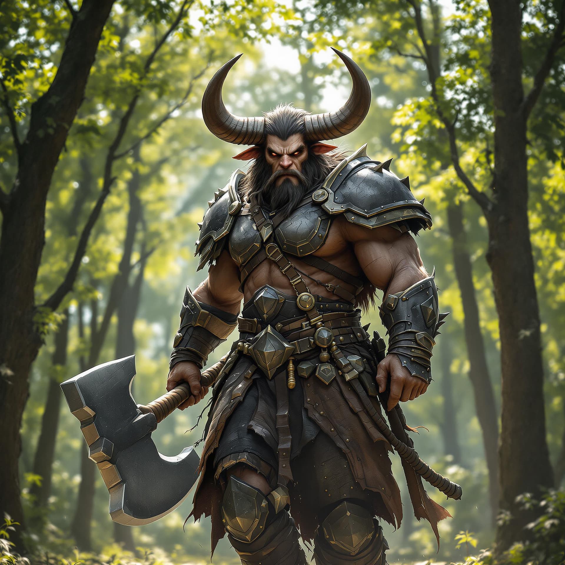 AI generated: A young minotaur warrior, with a face with humanoid features, dressed in battered black armor, walks...