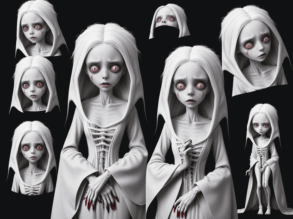 AI generated: Banshee spirit, crying and screaming girl, big head, skinny body, very big eyes, white hair, red cir...