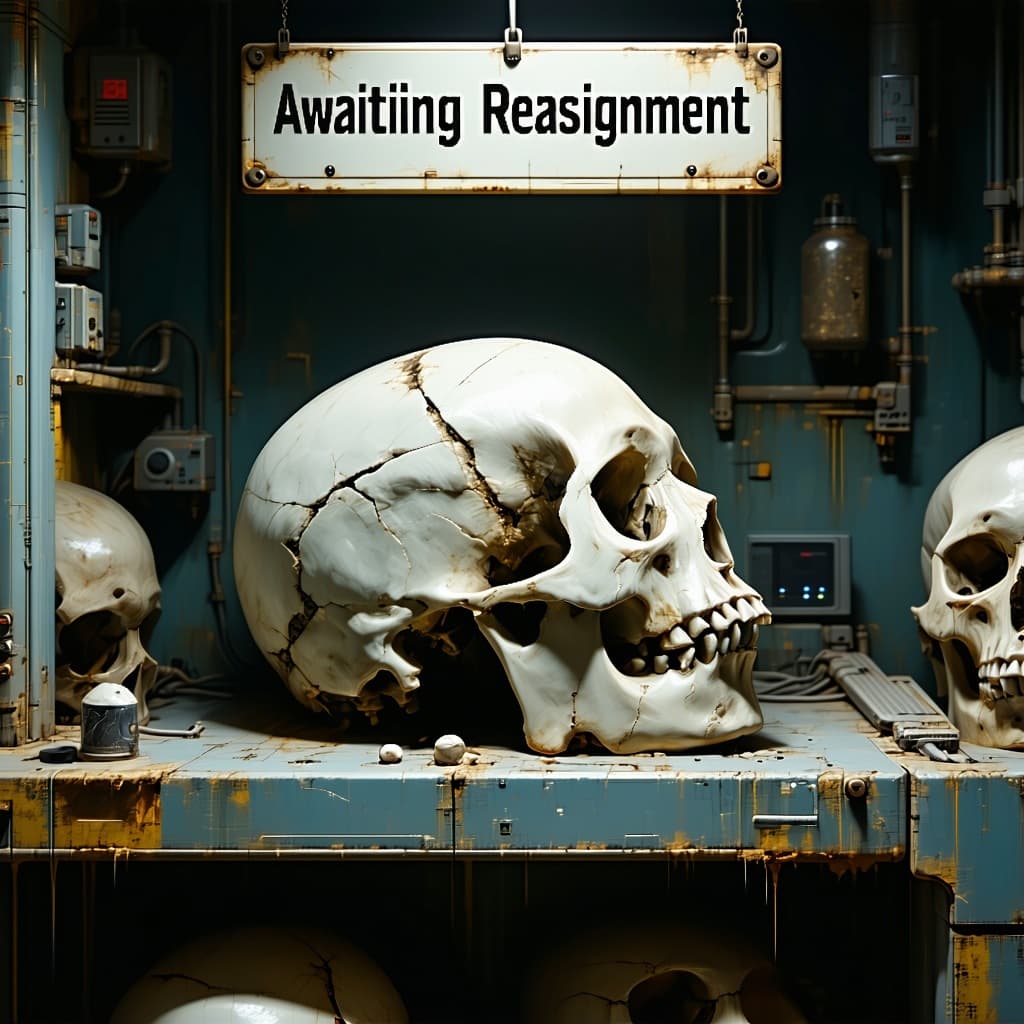 AI generated: A futuristic bio-lab where skulls are printed, used for one life, then shelved. This one is worn out...
