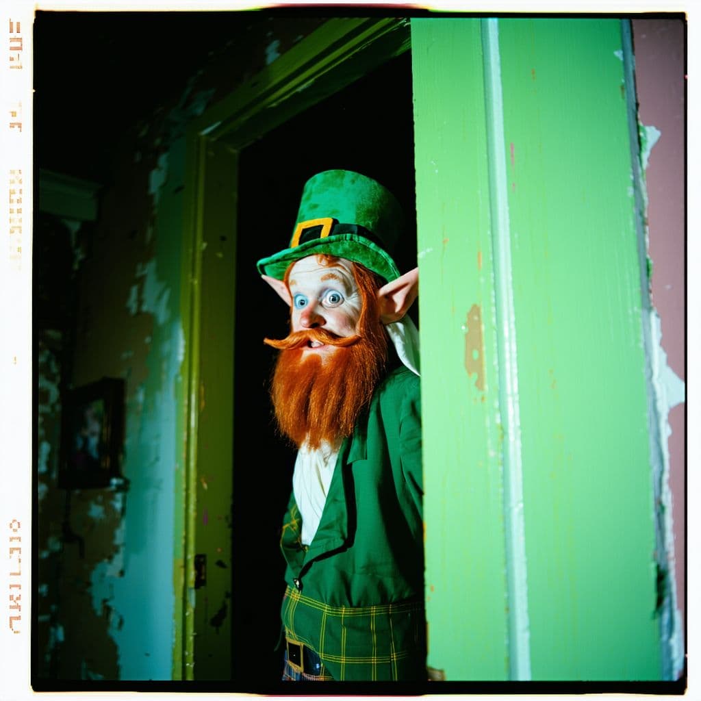 AI generated: grainy 80's photograph quality polaroid of a leprechaun caught in an abandoned house, dark, uncanny,...