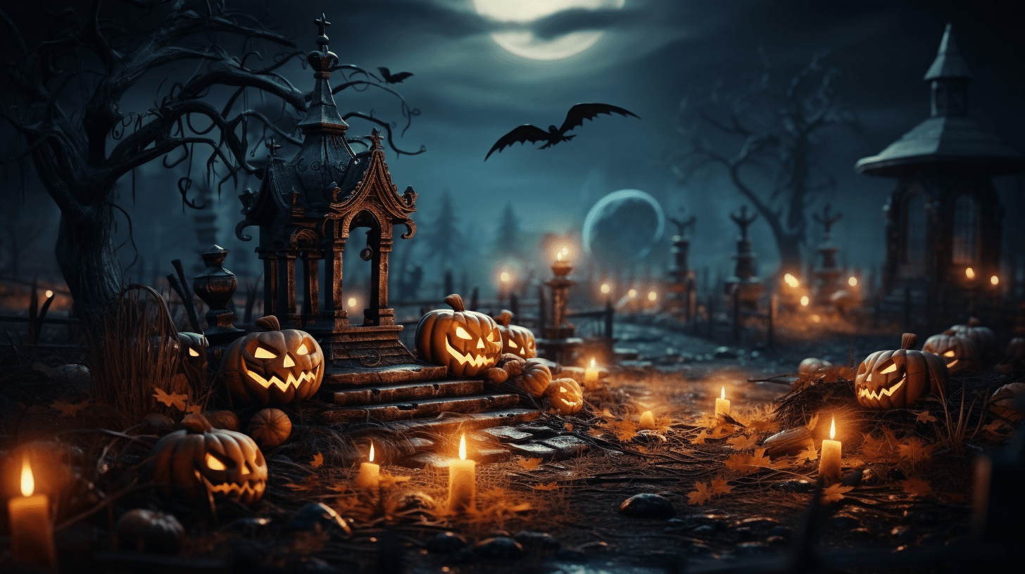 AI generated: Halloween card - pumpkins and a skeleton in a cemetery at night with a wooden board --ar 16:9 --v 5....
