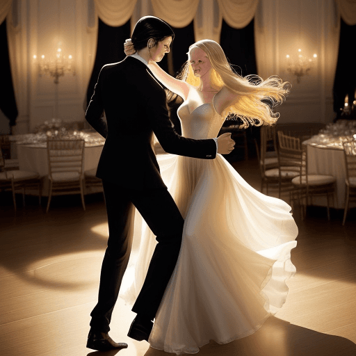 AI generated: A young couple dancing gracefully in a romantic setting. The woman, aged 25, has long, flowing blond...