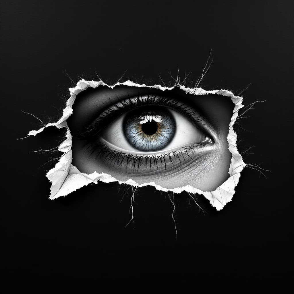 AI generated: Create a hyperrealistic oil painting on a clean black canvas, featuring an eye peeking through a rip...