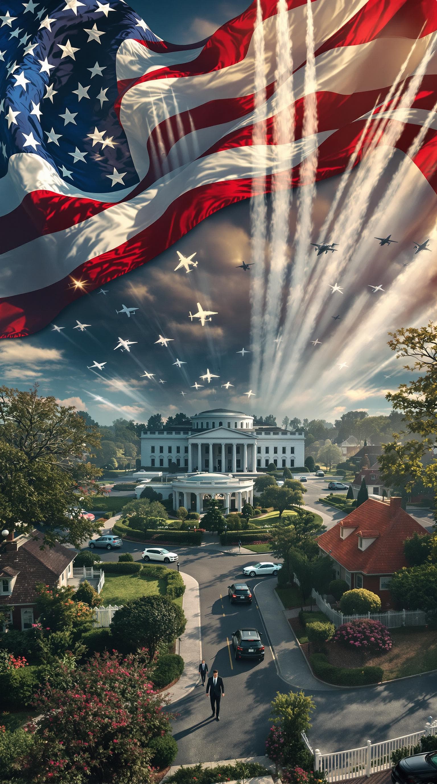 AI generated: A hyper-realistic aerial shot of a secret government facility transforming into suburban Washington ...