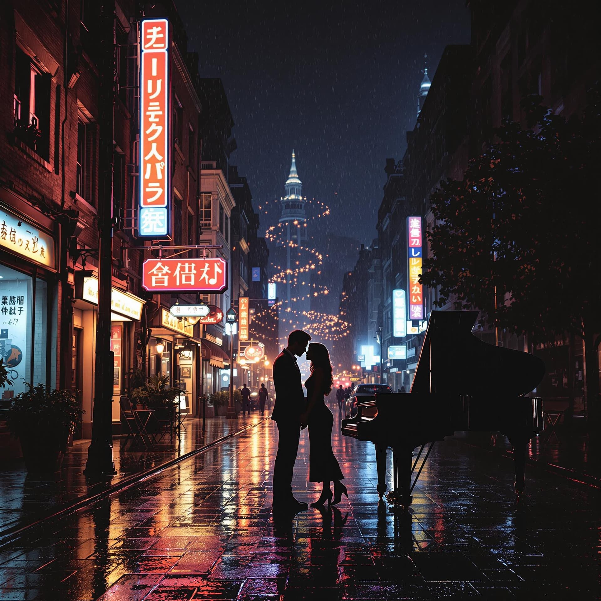 AI generated: A romantic, soulful night-time cityscape with vintage vibes — a glowing street under soft rain, neon...