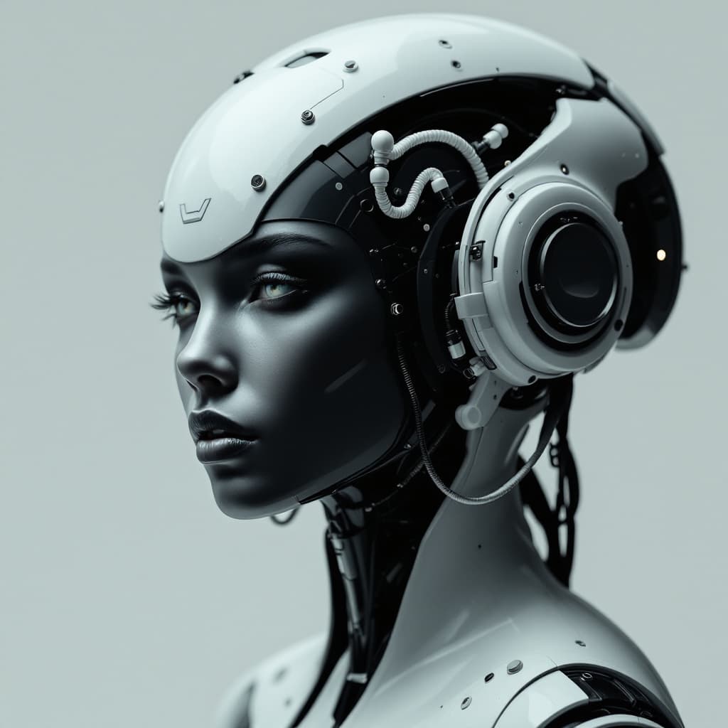AI generated: an image of a futuristic woman in a robotic head gear, in the style of dark white and dark black, in...